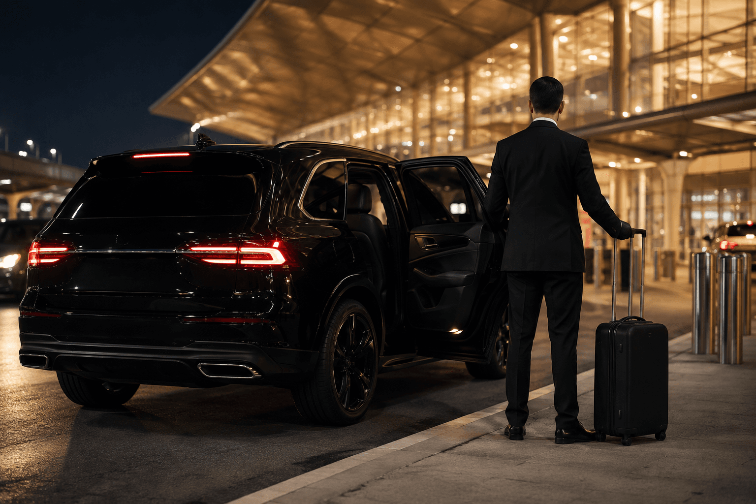 A professional chauffeur waiting beside a black vehicle at an airport